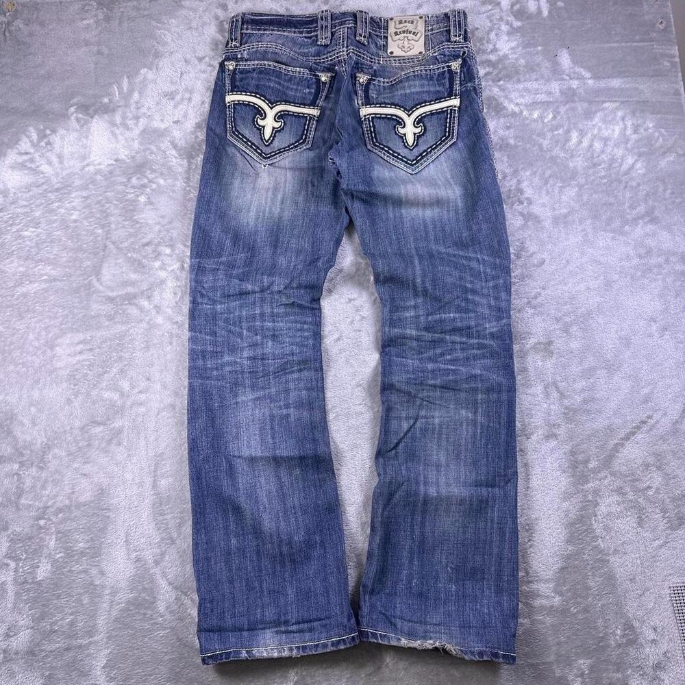 Rock Revival Rogan Boot Jeans Men’s 30 Blue Denim Thick Stitch Distressed